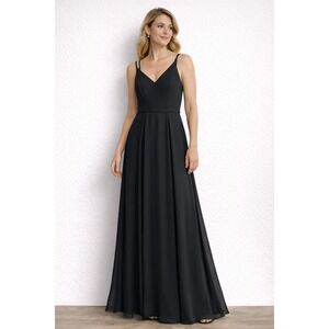 Azazie Womens Black Bridesmaid Chiffon Maxi Dress Spaghetti Strap V Neck A6 Gown
